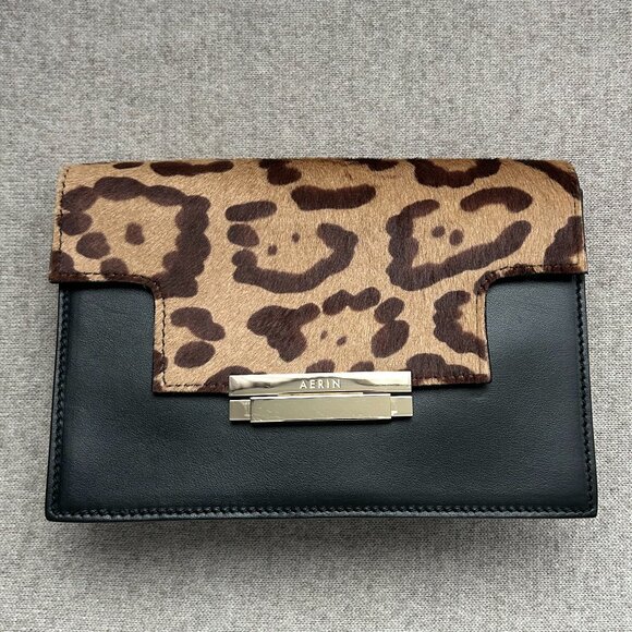 AERIN Leopard & Black Leather Clutch